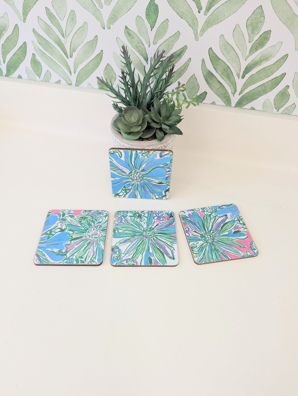 Set Of 4 Handmade Coasters Preppy Coastal Cottage Beachy Entertaining Hostess